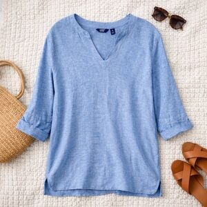 Lands’ End Linen Blend Tunic Top Blue Coastal Lightweight Pocket Blouse XL